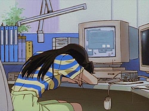 Anime girl computer head down meme template